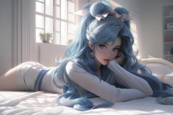 蓝发少女晨光卧床插画