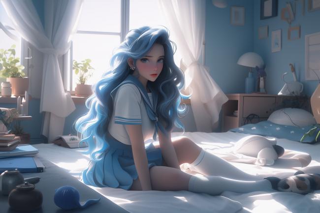 蓝发少女晨光卧室插画