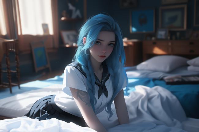 蓝发少女卧床晨光写真
