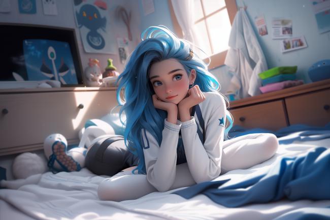 蓝发少女卧室晨光写真