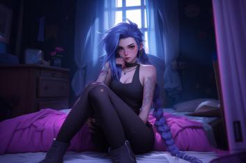 蓝发少女卧室静坐插画，动漫风格细腻光影