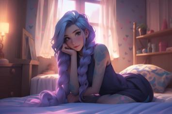 蓝发少女卧床晨光插画