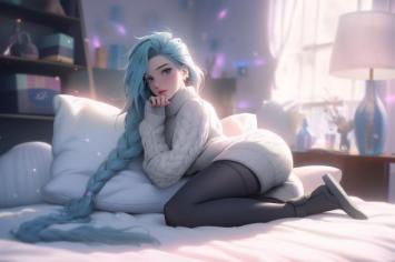 蓝发少女卧床插画，梦幻光斑点缀温馨卧室