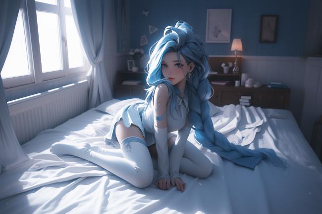 一位蓝发少女身着浅色系睡衣，跪坐在铺有白色床单的床上，长发垂落至地面，阳光从左侧