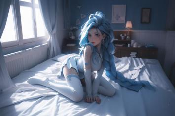 一位蓝发少女身着浅色系睡衣，跪坐在铺有白色床单的床上，长发垂落至地面，阳光从左侧