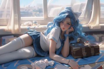 蓝发少女窗边休憩插画