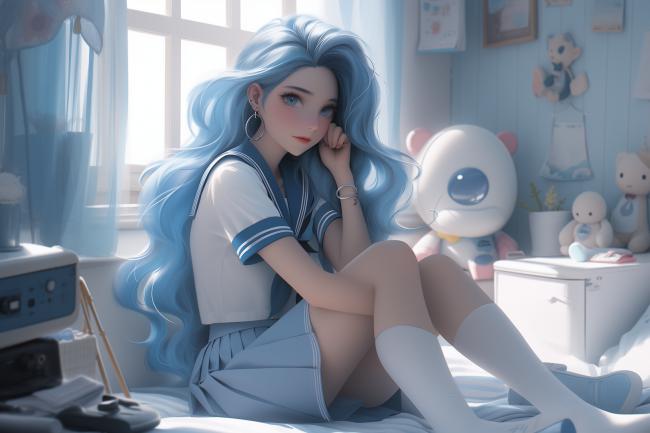 蓝发少女卧室动漫插画，温柔治愈风