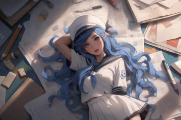 蓝发少女躺卧书桌间 日系动漫风格插画