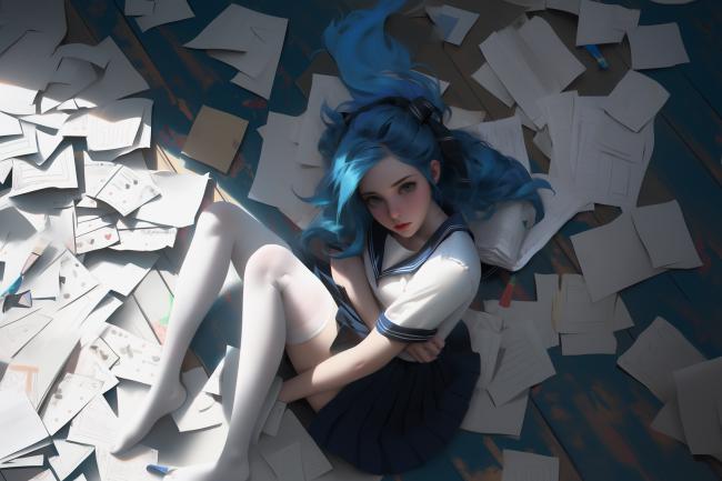 蓝发少女蜷坐纸堆中，动漫风格静谧插画