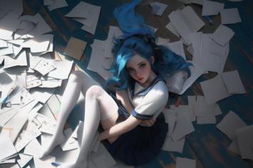 蓝发少女蜷坐纸堆中，动漫风格静谧插画