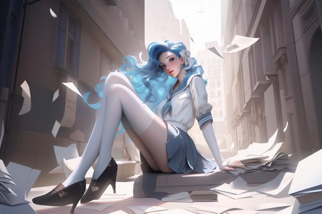 蓝发水手少女街角纸雨漫舞插画