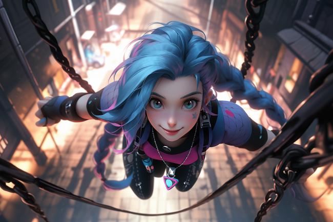 蓝发少女赛博朋克悬吊街景插画