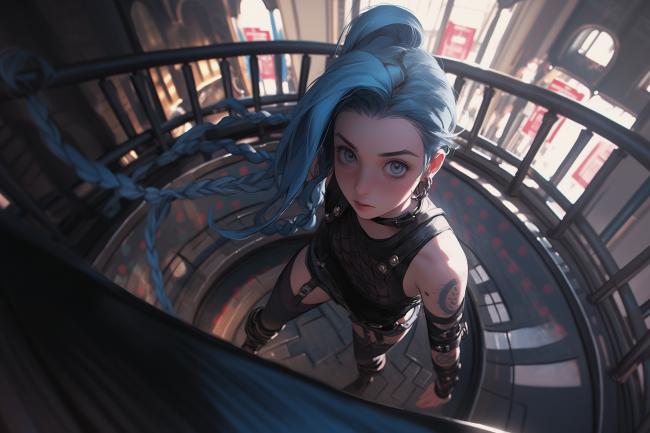 蓝发女战士赛博朋克楼梯俯视图