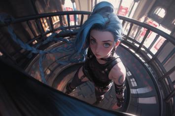 蓝发女战士赛博朋克楼梯俯视图