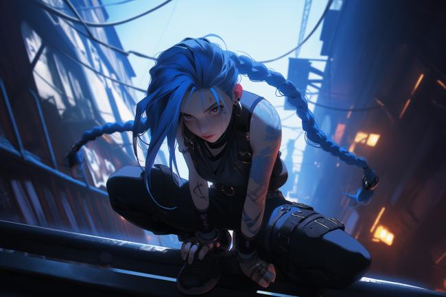 蓝发赛博女战士蹲踞霓虹都市高架桥