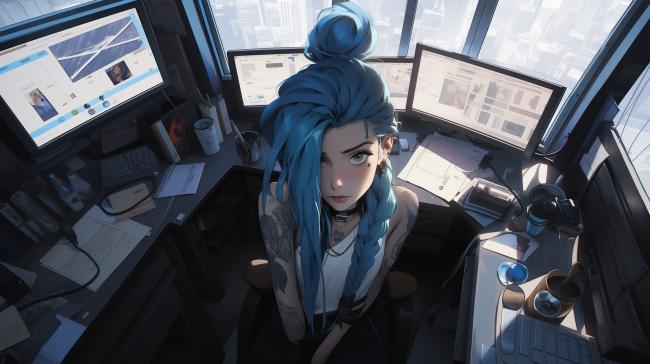 蓝发女程序员俯视办公桌场景插画