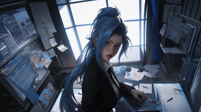 蓝发侦探的赛博朋克办公室场景