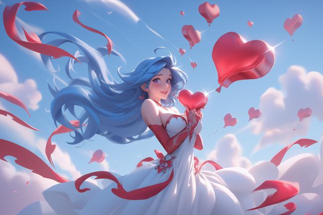 云端爱心少女插画，浪漫梦幻二次元风