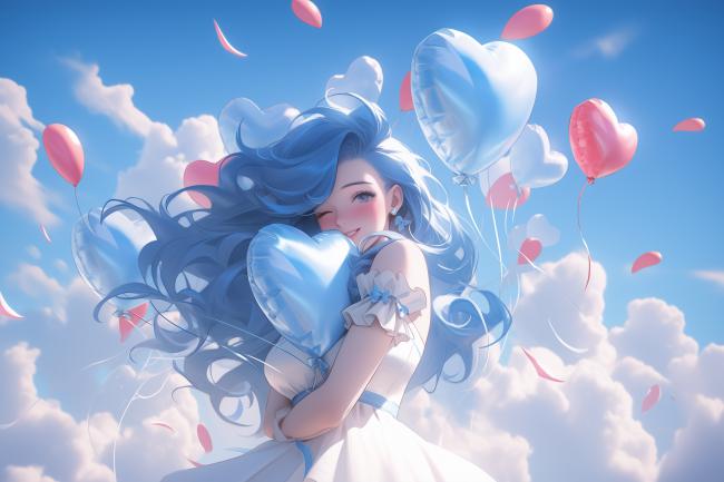 蓝发少女怀抱爱心气球，云端梦幻浪漫插画