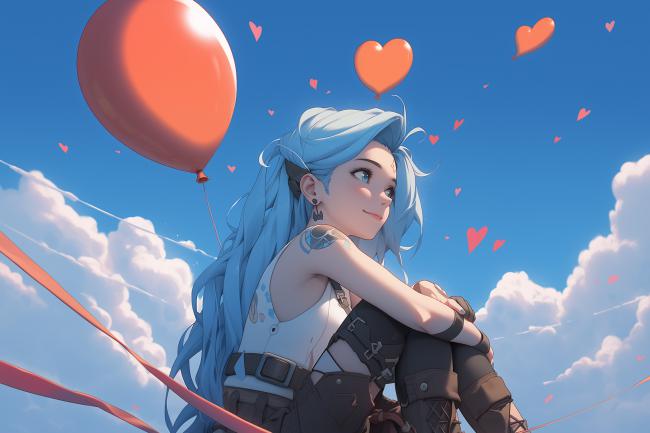 蓝发少女抱气球的浪漫动漫场景