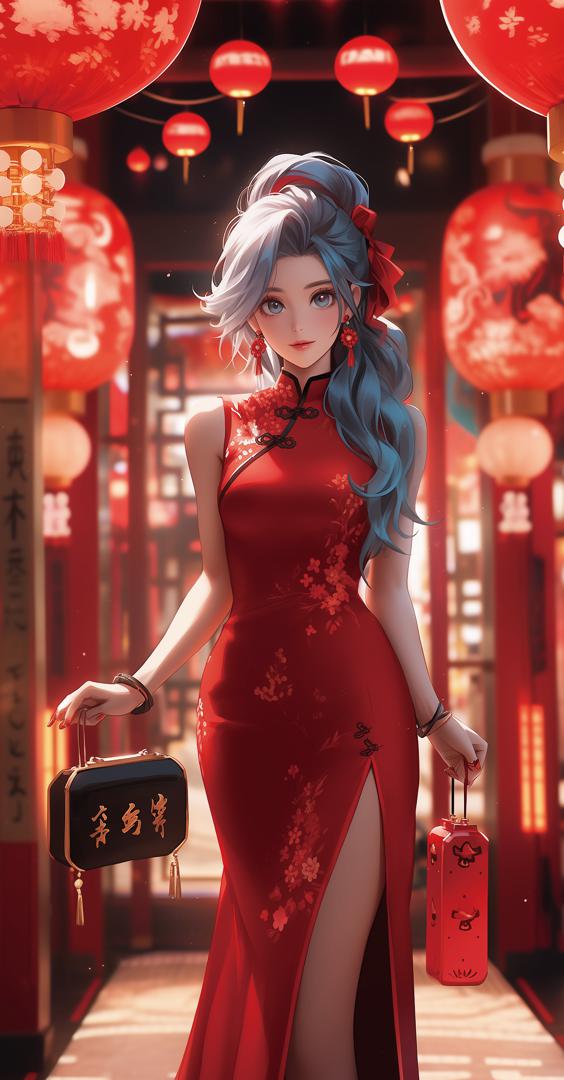 红灯笼下的旗袍少女写真