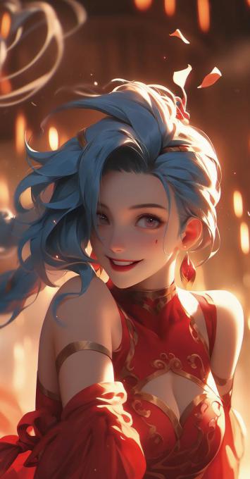 蓝发仙姬汉服写真，光影飞花梦幻场景