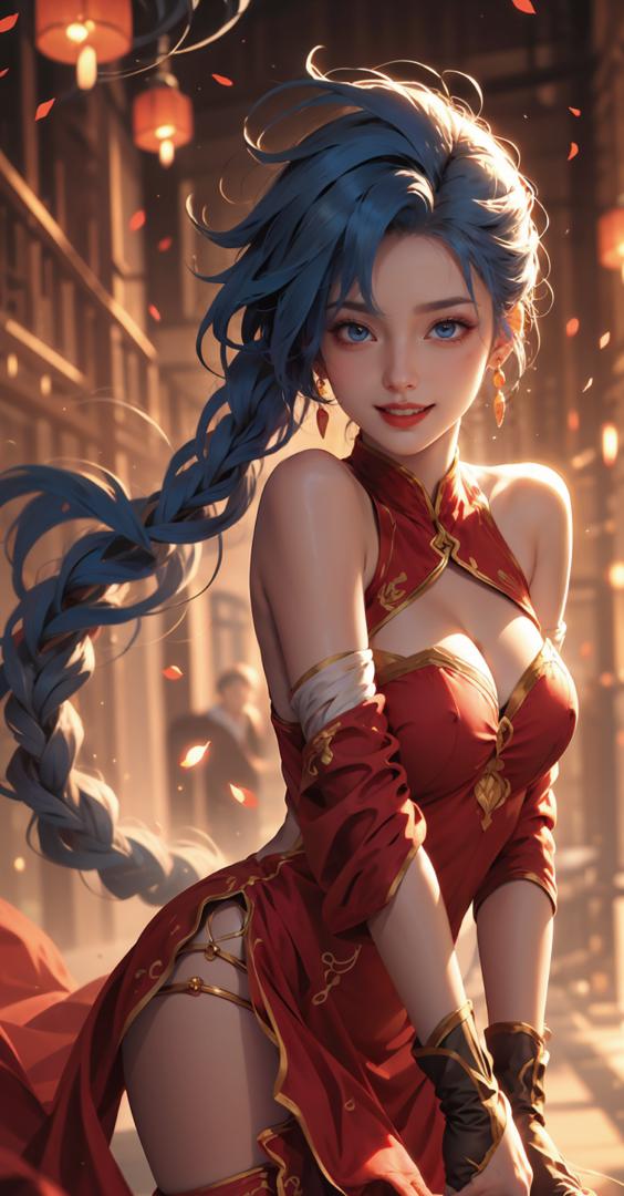 蓝发仙侠少女古风写真，红衣飘逸花瓣纷飞