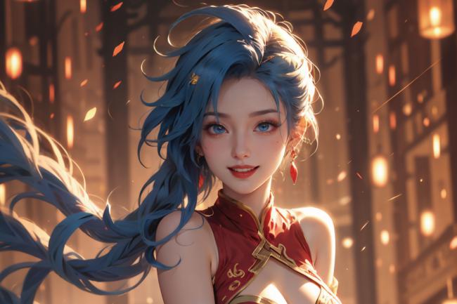 蓝发古风少女立于灯笼巷，落叶纷飞如诗画