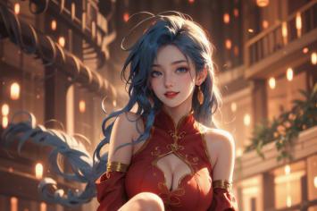 蓝发仕女立灯巷，红衣古韵映暖光