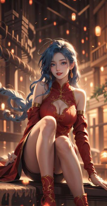 蓝发仙侠少女坐于古巷，红金战衣映灯笼夜景