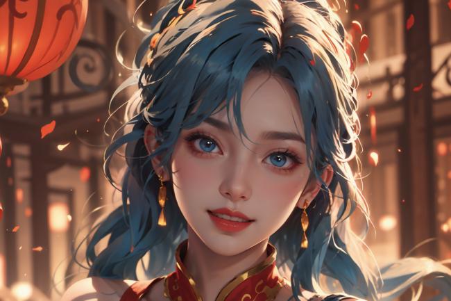 蓝发仕女汉服写真，灯笼飘花意境美