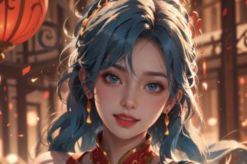 蓝发仕女汉服写真，灯笼飘花意境美