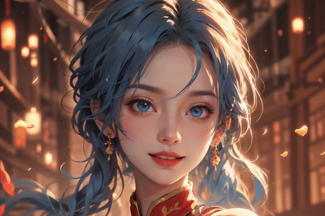 蓝发仕女古风写真，灯笼巷中飘叶如诗