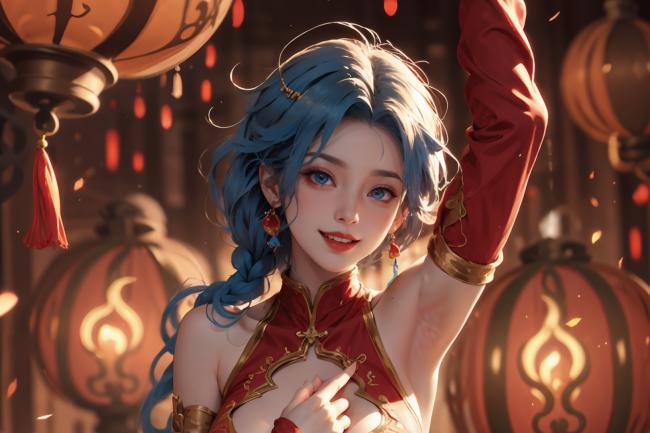 蓝发仙子舞红灯，新国潮仙侠风插画