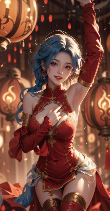 蓝发汉服少女灯笼下写真风