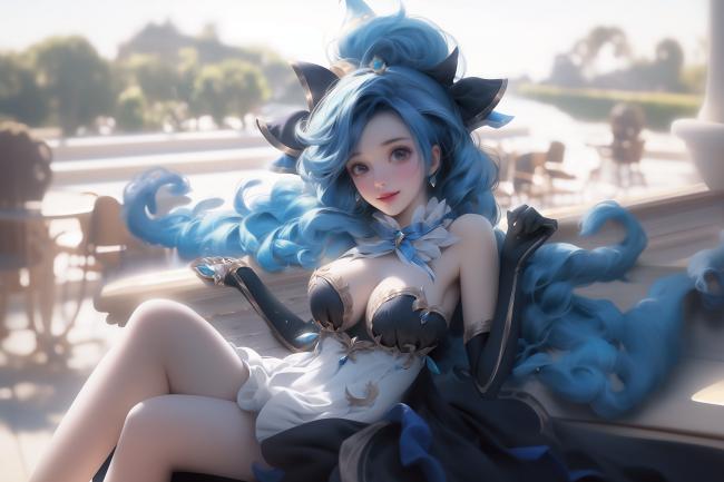 蓝发猫耳少女户外写真插画