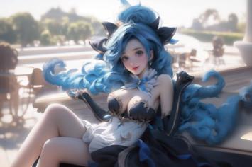 蓝发猫耳少女户外写真插画