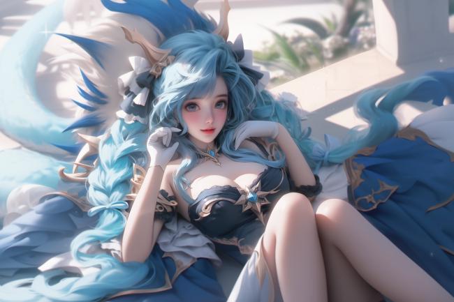 蓝发少女3D动漫插画，柔光梦幻场景