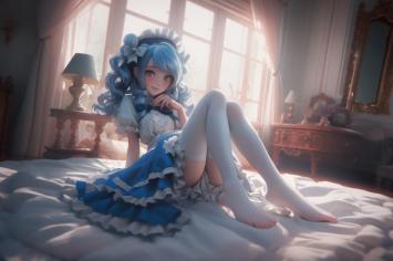 蓝发洛丽塔少女晨光卧床图