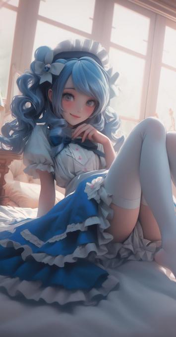 蓝发女仆少女晨光卧床写真