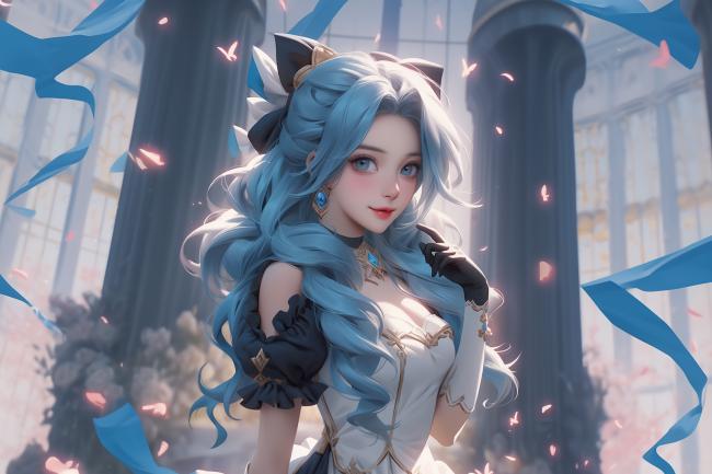 蓝发猫耳少女立绘，古典柱廊飘带飞舞