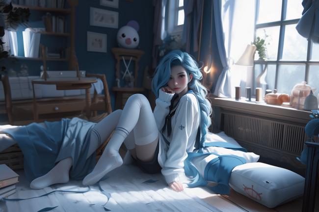 蓝发少女卧床晨光图，日式卧室治愈系动漫风
