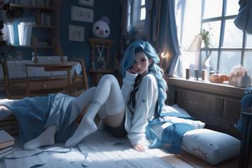 蓝发少女卧床晨光图，日式卧室治愈系动漫风