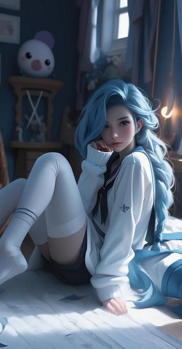 蓝发少女校园晨光写真