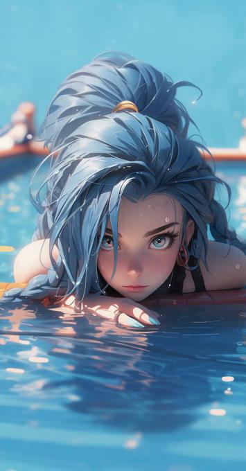 蓝发少女泳池特写动漫风插画