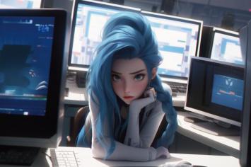 蓝发赛博少女办公场景插画