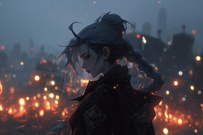 雨夜赛博女战士：银发双辫的孤独都市剪影