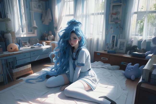 蓝发少女卧房晨光图｜日系动漫治愈风