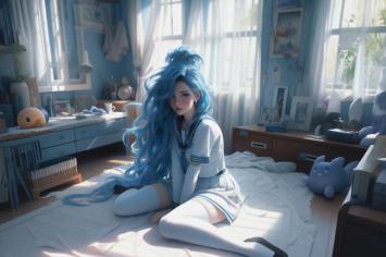 蓝发少女卧房晨光图｜日系动漫治愈风