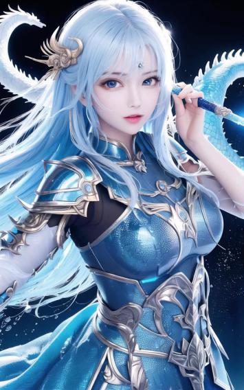 蓝发仙侠女战士持龙杖立于星海之间